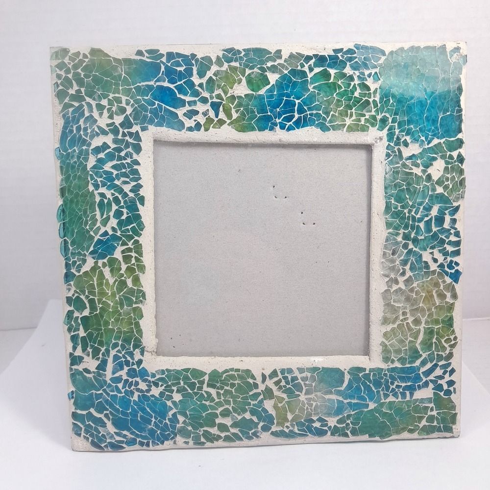Vintage Pier 1 One picture photo frame blue teal green square stained glass